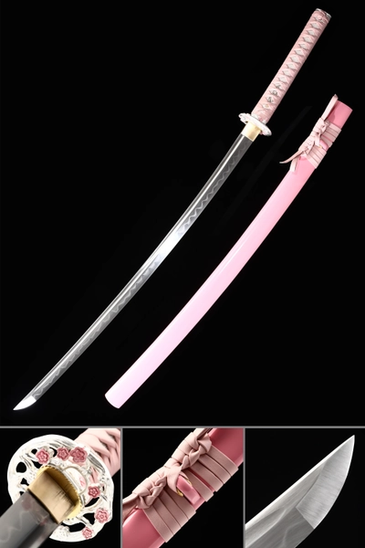 Pink Katana | T10 Carbon Steel Clay Tempered Pink Katana with Cherry Blossom Tsuba and Piano Lacquer Saya - TrueKatana