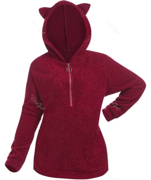 Rosegal Plus Size Half Zipper Cartoon Ear Teddy Hoodie