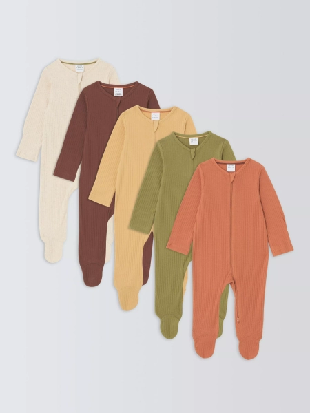 John Lewis Baby Ribbed Sleepsuits, Pack of 5, Neutral Multi