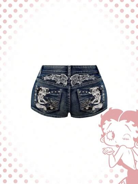 Betty Boop | ROMWE Vintage Y2K Punk Style Super Low Waist Super Short Embroidered Pistol Women's Denim Shorts