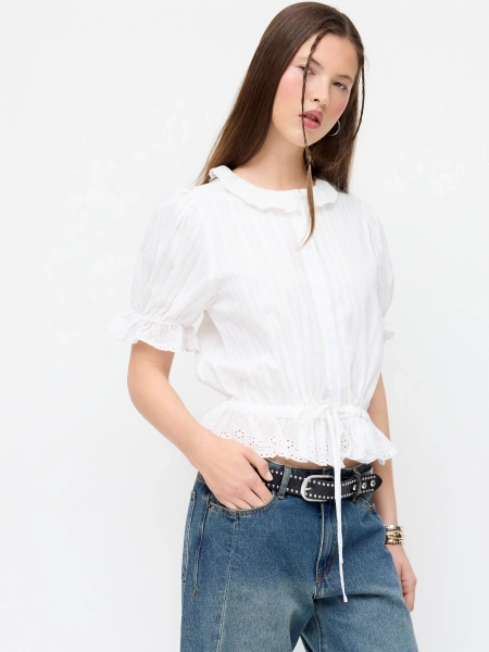 Cotton-blend Puff Sleeve Lace Trim Broderie Anglaise Oversized Blouse