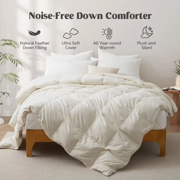 Peace Nest Ultra Soft Noiseless Down Comforter, Natural All Season Duvet Insert, Ivory, Full/Queen, 88x88"