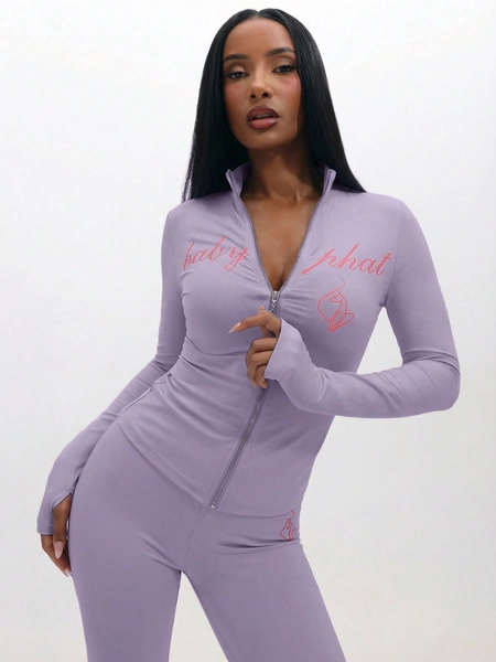 BABYPHAT Zip Up Long Sleeve Top With Pink Text Print And Fitted Design For Casual Everyday Wear