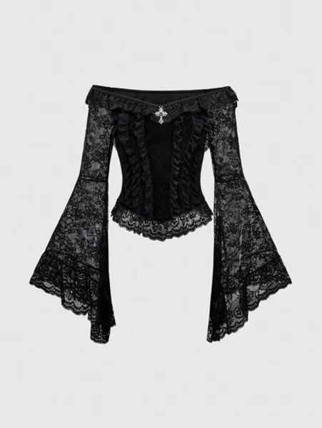 ROMWE Gothic Palace Style Cross Decor Contrast Lace Flare Sleeve Off-Shoulder Velvet Blouse For Women, Halloween