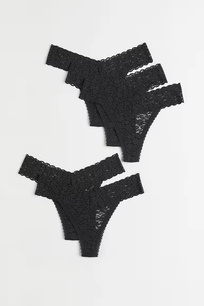 5er-Pack Spitzenslips Thong - Schwarz