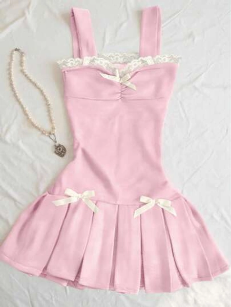 SHEIN Women's Summer Elegant Lace Trim Bow Decor Ruffle Hem Midi Dress