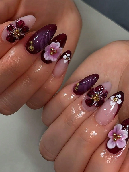 24pcs 3D Purple Flower Nail Stickers, 1pc Nail File, 1pc Jelly Gel Nail Supplies