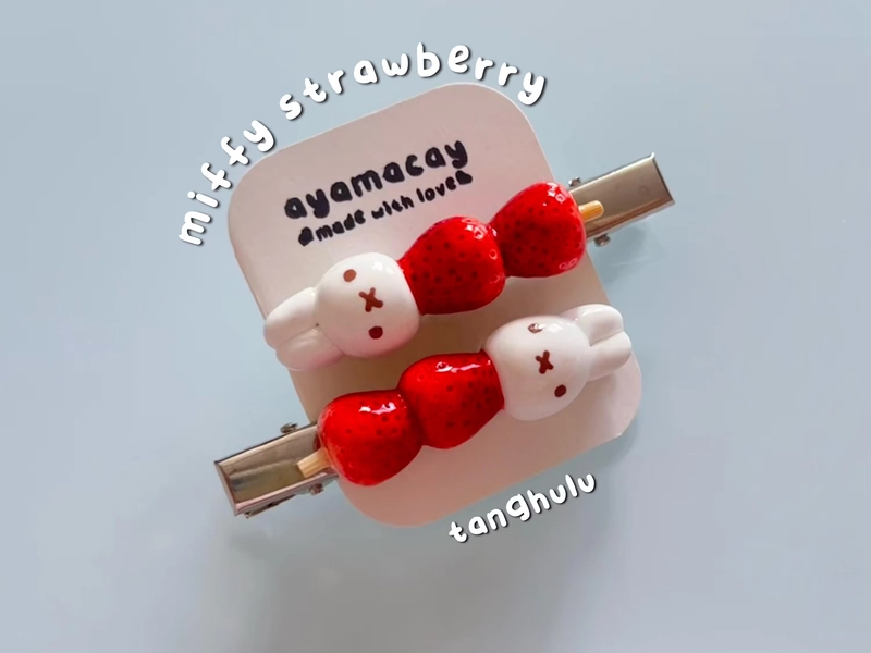 Handmade Strawberry Tanghulu Bunny Hair Clips – Polymer Clay Set