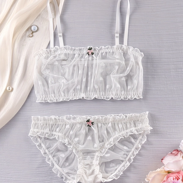 1 Set: European and American Style Sexy Lingerie, Lace Mesh Bra and Panty 2pcs Sheer Set with Bow and Heart Print