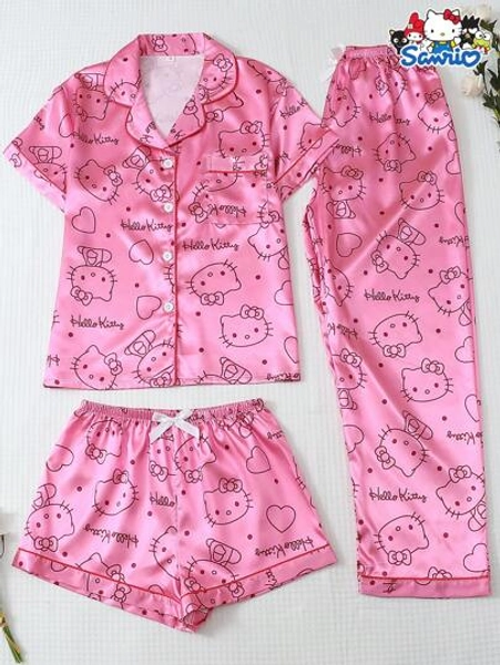 Sanrio Women's Pajama Set, Hello Kitty Collar Short Sleeve Button Pocket Top And Bow Long Pants And Shorts Casual Loungewear For Home Use, Fall Clothes