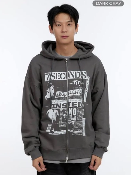 Men's Oversized Graphic Print Zip-Up Hoodie