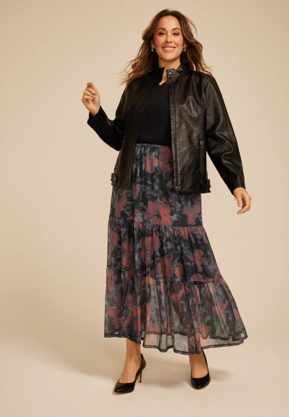 Plus Size Printed Mesh High Rise Maxi Skirt