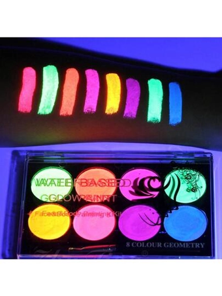 Glow UV Blacklight Face Paint, 8 Bright Colors Neon Fluorescent Body Painting Palette,Water Activated Eyeliner,Water Based Makeup Glow In The Dark Halloween Washable For Kids Adult Body Paint