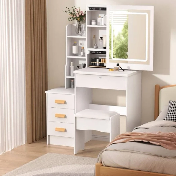 qajexluz Vanity Desk, Makeup Vanity Desk with Mirrors, Vanity Set with 4 Storage Drawers and Open Shelves,Bedroom Dressing Table with Lights