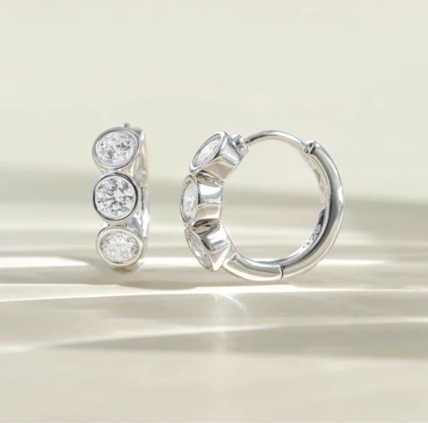 Bezel Huggie Hoop Earrings, 925 Sterling Silver and 14K Gold Plated, 8mm Inner Diameter