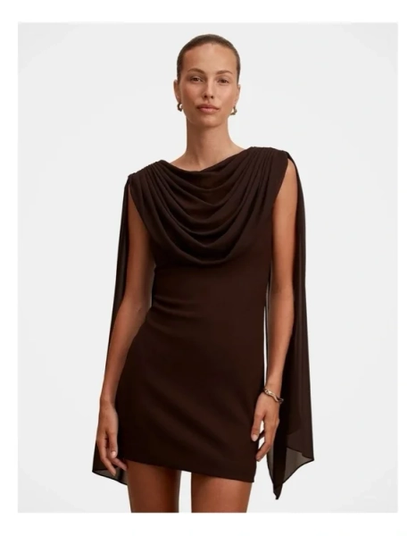 Bowie Mini Dress With Shawl in Chocolate
