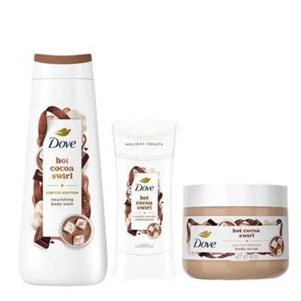Dove Beauty Limited Edition Holiday Treat Hot Cocoa Swirl 20 fl oz Body Wash + 15oz Body Scrub + 2.6oz Antiperspirant and Deodorant