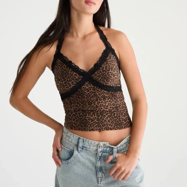 Aeropostale Womens' Dejà For Leopard Print Lace V-Neck Halter Top