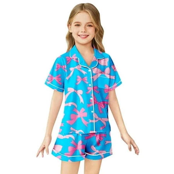 bigetiay Kids Pajamas Set Satin Bowknot Printed 2 Piece Set Short Sleeve Button Down Shorts Set Girls Summer Pajamas