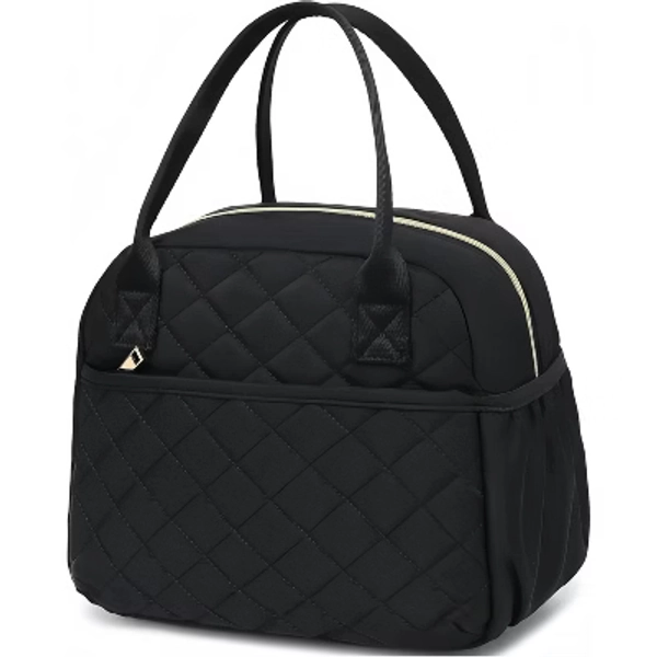 Insulated Quilted Lunch Bag for Women. Leakproof Thermal Tote for Work, School, Travel, or Picnic. Black