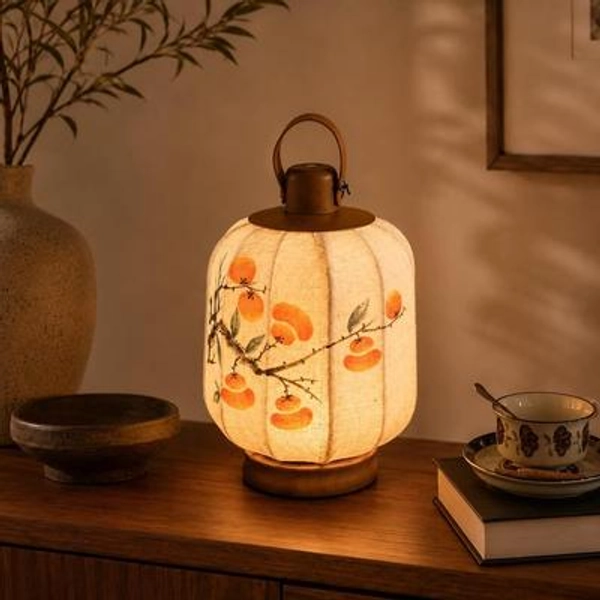 Japanese Persimmon Lantern Lamp, Cherry blossom LED Table Lamp with Linen Shade, Bedside Light, Asian Home Decor Gift