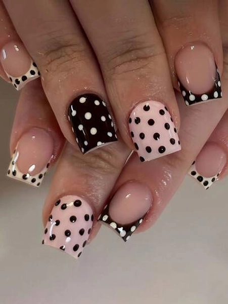 24pcs/Set Short Square Minimalist Pink & Black Polka Dot French Nail Stickers, Includes Gel Polish And Nail File, Suitable For Girls/Women For Daily, Date, Party Wear Nails Nail Supplies