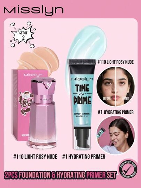 Misslyn MISSLYN-2PCS Foundation & Hydrating Primer Set, Moka Magic Foundation, Foundation, Foundation-Nude, Oil Control Foundation, 30ML, Long-Lasting, Full Coverag, Liquid Foundation, Cover Under Blemishes, Skin Discoloration, Brightening, Non-Oxidizing, TIME TO PRIME SILKY HYDRATING SKIN PRIMER 30ml, Primer Face Makeup,For Smoothing Skin & Gripping Makeup, Moisturizes & Primes,