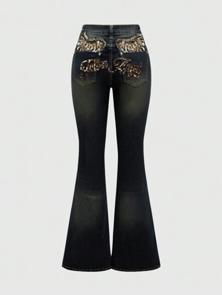 ROMWE J-Fashion Y2K Style Leopard Print Wing Embroidered Retro Flare Leg Low Waist Jeans