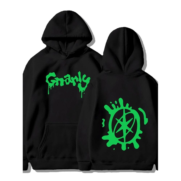 This Is a Hoodie Designed with a Style That Embodies Street Graffiti And Punk Subculture. The Front Features The Word 'Gnarly' in Fluorescent Green, with a Dripping Graffiti Effect That Conveys a Casual Rebellious Street Attitude