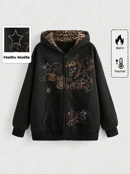 ROMWE Grunge Punk Y2K Vintage Vibe Retro Vine Goth Logo Starry Rhinestoned Loose Fit Zip-Up Front Pocket Hoodie Sweatshirt For Women