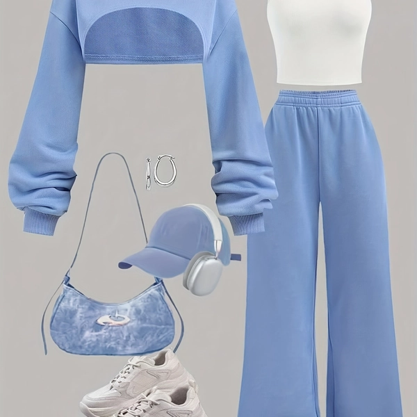 Girls' Fashion Autumn and Winter Three-Piece Set: Stylish Long-Sleeve Hollow-Out Top, Vest, and Pants in Sky Blue for a Bright Look, Perfect for Casual Wear, Perfect for Outdoor, Girl Clothes, Girl Set