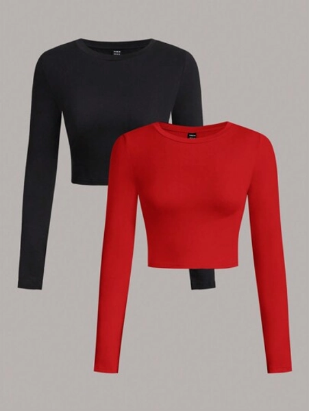 SHEIN EZwear 2pcs/Set Casual Solid Color Crew Neck Long Sleeve Slim Fit T-Shirts For Women, Suitable For Spring And Autumn And Winter