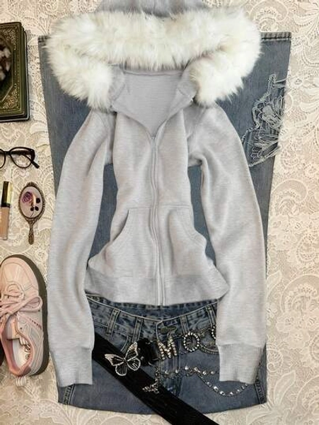 Noixe Women's Fur Collar Hooded Slim Fit Sweatshirt Jacket