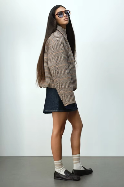 Bomber Jacket with Collar - Light beige/plaid
