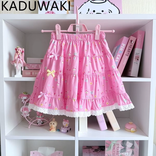 Vintage Kawaii Girls Pink Skirts Lace Patchwork Bow Cartoon Print Gown Ball Cake Short Skirt Japanese Sweet Y2k Aesthetic Faldas - AliExpress 200000345