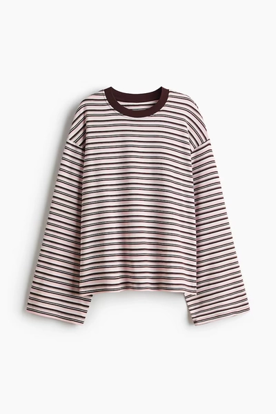Long-sleeved cotton top - Light pink/Striped