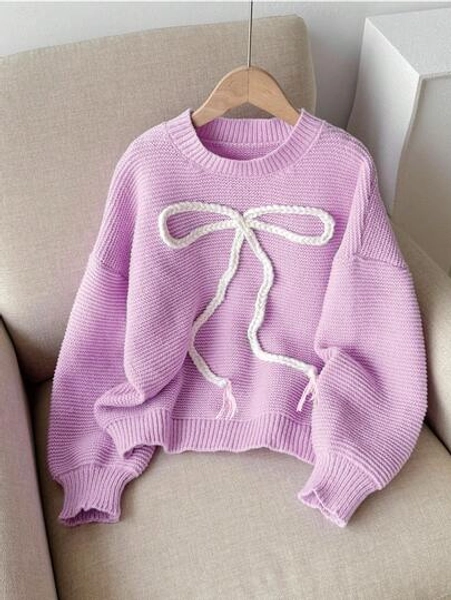 Tween Girls' Sweater With Embroidered Bow, Sweet Casual Versatile Daily Wear, Soft & Comfortable Girl Sweater Knit Sweater Cute Sweater Bow Sweater Purple Sweater For Girls