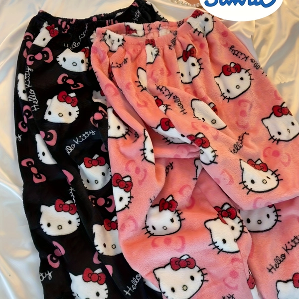 ⭐️Hello Kitty Flannel Pajama Pants, Official Sanrio Licensed Unisex Winter Lounge Pants, Cozy Non-Binding Waist, Perfect Couple Gift for Valentine's Day & Christmas, 2-Pack, Black+Pink