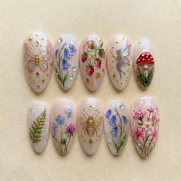 Enchanted Fairy Garden Press On Nails, Floral Mushroom Bee Nails, Whimsical Cottagecore Mushroom Nails, Glitter Almond Spring Nails