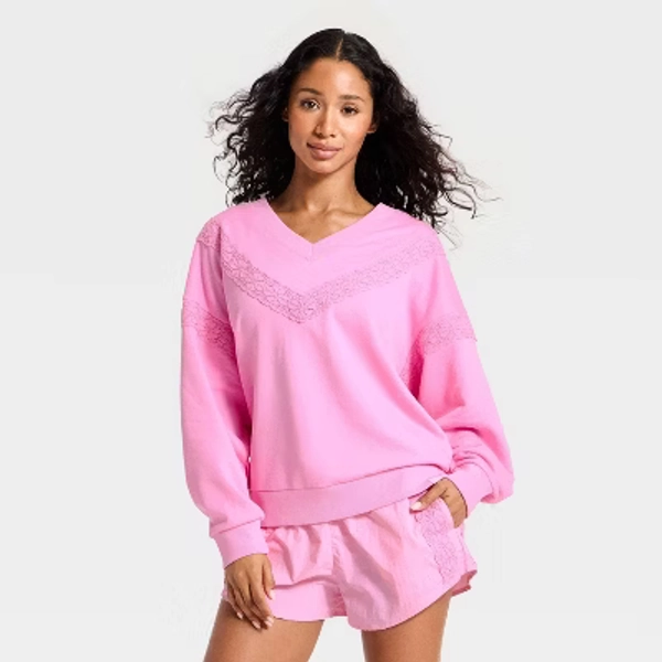 Women's Crochet Trim V-Neck Sweatshirt - JoyLab™ Pink XL