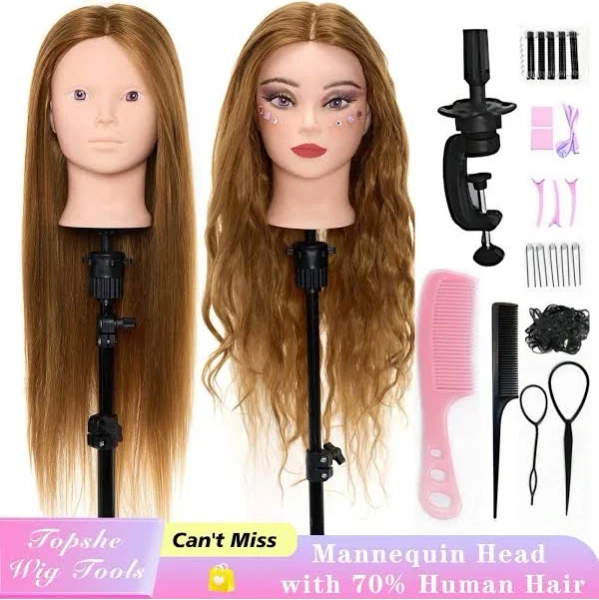10-Piece Set Beauty Mannequin Head With Real Human Hair, 22 Inch Makeup Training Head For Braiding, Styling & Cosmetology Practice,