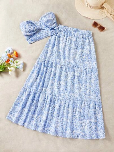 Soleia Floral Printed Bandeau Top And Skirt Vacation 2pcs Suit