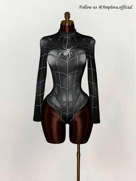  Y2K Amplova Women's Spider Print Long Sleeve Stand Collar Bodysuit, Dark Fashion Style Women Bodysuit Halloween Bodysuit Spiderweb Bodysuit