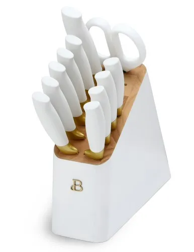 Beautiful 12 Piece Stainless Steel Knife Block Set, Soft-Grip Handles White Icing by Drew Barrymore