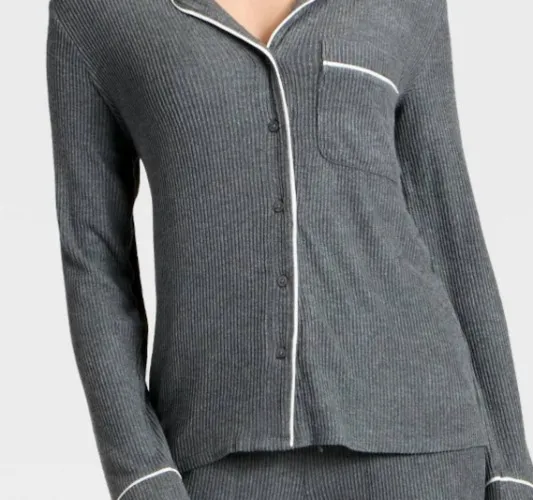 Women's Cozy Ribbed Notch Collar Long Sleeve Shirt and Pants Pajama Set - Auden™ Brown XS