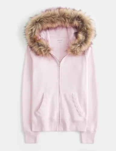Faux Fur Trim Zip-Up Hoodie