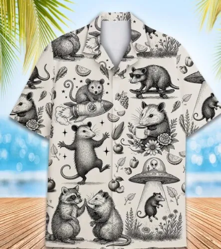 Funny Opossum Hawaiian Shirt Men Women Youth, Vintage UFO Coffee Possum Shirt, Weird Animal Aloha Button Down Short Sleeve