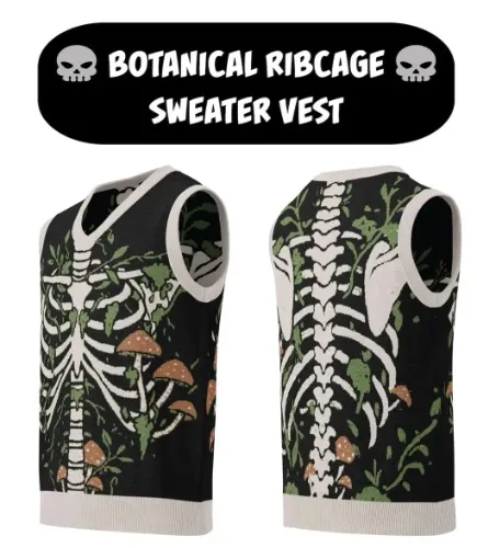 Black Botanical Skeleton Sweater Vest: Unisex Knit Mushroom Ribcage Halloween Costume Top