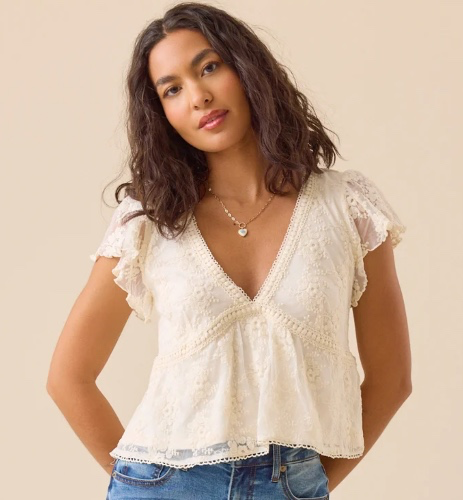 Libby Embroidered Babydoll Top | Cream | Small