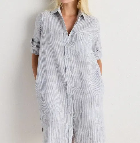 100% European Linen Shirt Dress in White